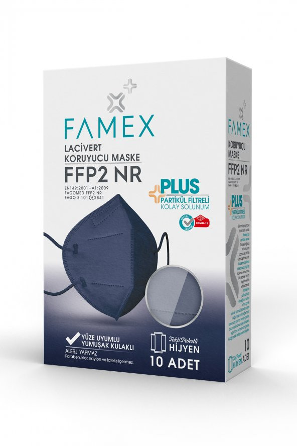 FAMEX N95 FFP2 KORUYUCU MASKE LACİVERT RENK 10 ADET TEKLİ PAKET DUCK MODELİ