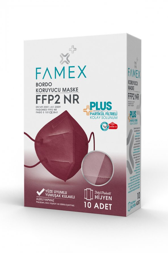 FAMEX N95 FFP2 KORUYUCU MASKE BORDO RENK 10 ADET TEKLİ PAKET DUCK MODELİ