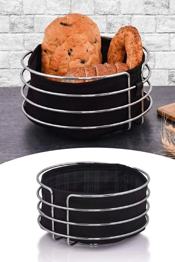 Metal Ekmeklik Paslanmaz Krom Şeritli Siyah Kumaş Yuvarlak Ekmeklik Ekmek Sepeti