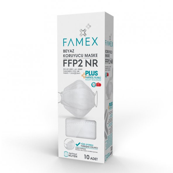 FAMEX N95 FFP2 KORUYUCU MASKE BEYAZ RENK 10 ADET TEKLİ PAKET FİSH MODELİ