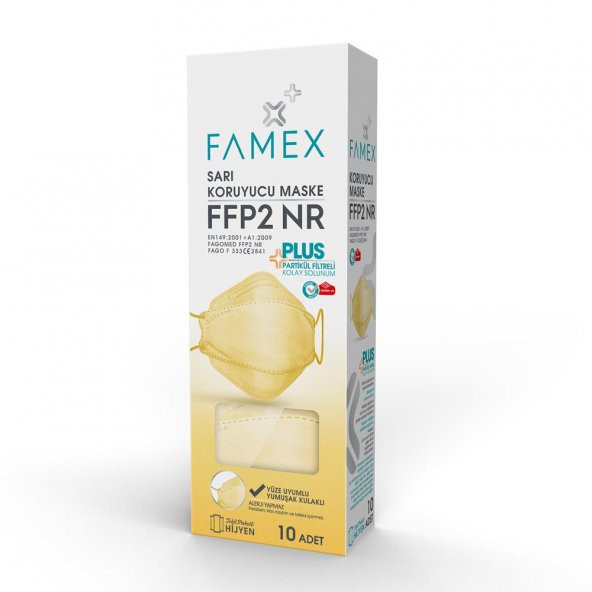 FAMEX N95 FFP2 KORUYUCU MASKE SARI RENK 10 ADET TEKLİ PAKET FİSH MODELİ