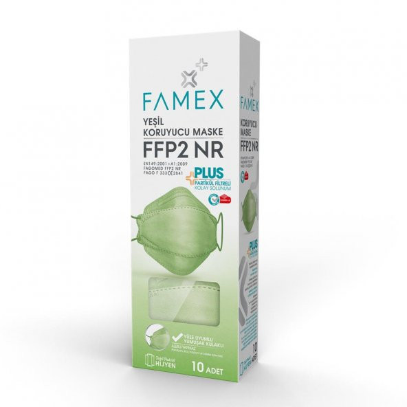 FAMEX N95 FFP2 KORUYUCU MASKE YEŞİL RENK 10 ADET TEKLİ PAKET FİSH MODELİ