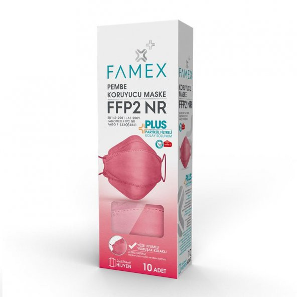 FAMEX N95 FFP2 KORUYUCU MASKE PEMBE RENK 10 ADET TEKLİ PAKET FİSH MODELİ