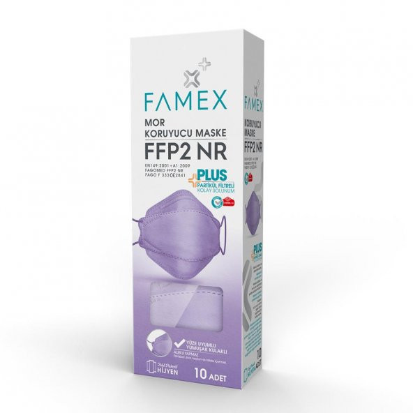 FAMEX N95 FFP2 KORUYUCU MASKE MOR RENK 10 ADET TEKLİ PAKET FİSH MODELİ