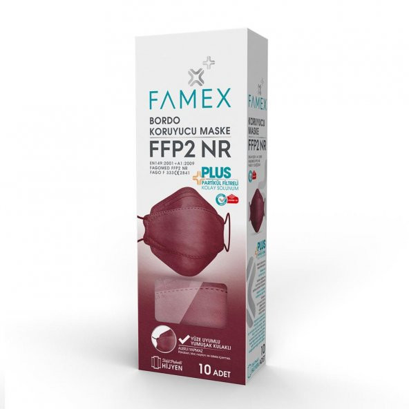 FAMEX N95 FFP2 KORUYUCU MASKE BORDO RENK 10 ADET TEKLİ PAKET FİSH MODELİ