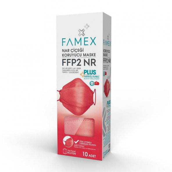 FAMEX N95 FFP2 KORUYUCU MASKE NAR ÇİÇEĞİ RENK 10 ADET TEKLİ PAKET FİSH MODELİ