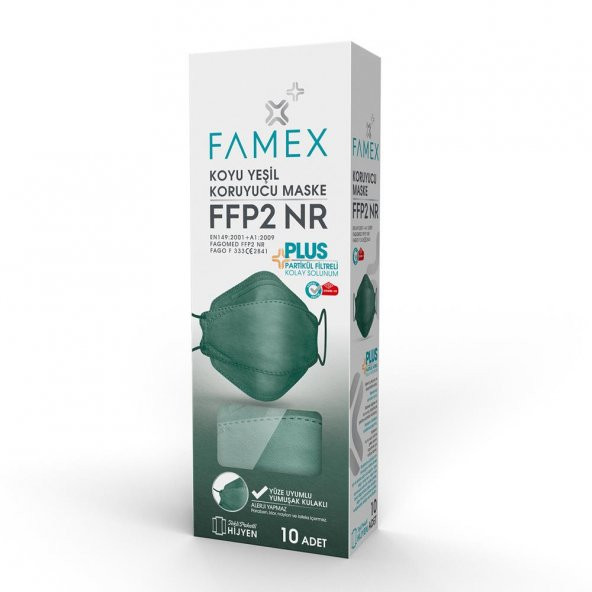 FAMEX N95 FFP2 KORUYUCU MASKE KOYU YEŞİL RENK 10 ADET TEKLİ PAKET FİSH MODELİ