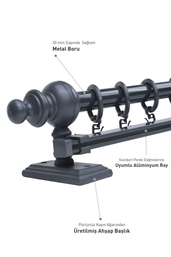Antrasit Tek Raylı Ahşap Rustik Perde Askısı - 100 Cm - 2