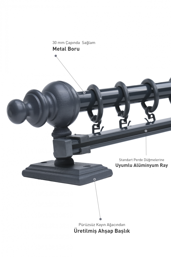 Antrasit Tek Raylı Ahşap Rustik Perde Askısı - 125 CM - 2