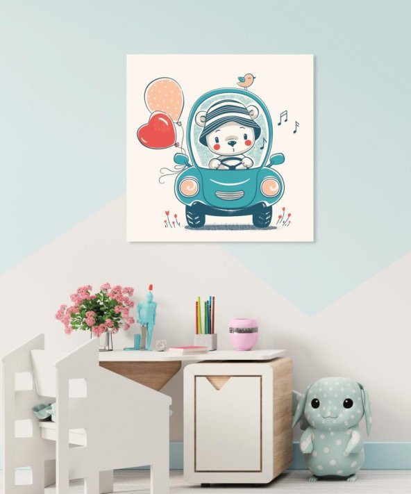 Dekoratif  Çocuk Odası Teddy Bear İn Car Duvar Kanvas Tablo - 1