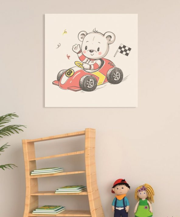 Dekoratif Çocuk Odasın Racer Teddy Bear Duvar Kanvas Tablo