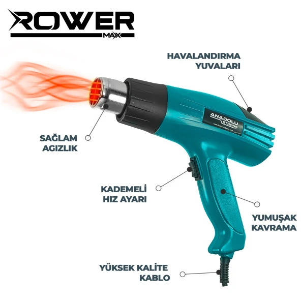 Rowermax RWRX3010M Sıcak Hava Tabancası 3000W Kademeli Otomatik Korumalı Aksesuarlı - 3