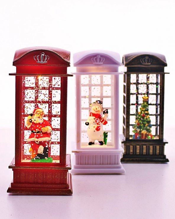YILDIZ ELİT Dekoratif 3 Adet Yeni Yıl Hediyesi Led Işıklı Sulu Simli İngiliz Telefon Kulübesi İçinde Noel Temalı