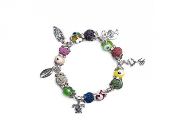 Renkli Nazar Boncuklu Swarovski Lav Taşlı Doğal Taş Charm Bileklik Lastikli Bilezik - 2
