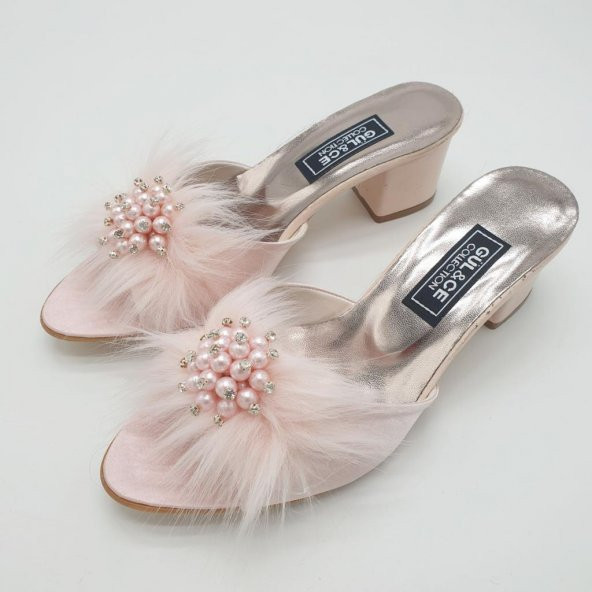 İnci Taşlı Topuklu Bayan Çeyiz Terliği Pudra Renk - 6