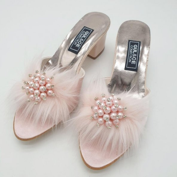 İnci Taşlı Topuklu Bayan Çeyiz Terliği Pudra Renk - 7