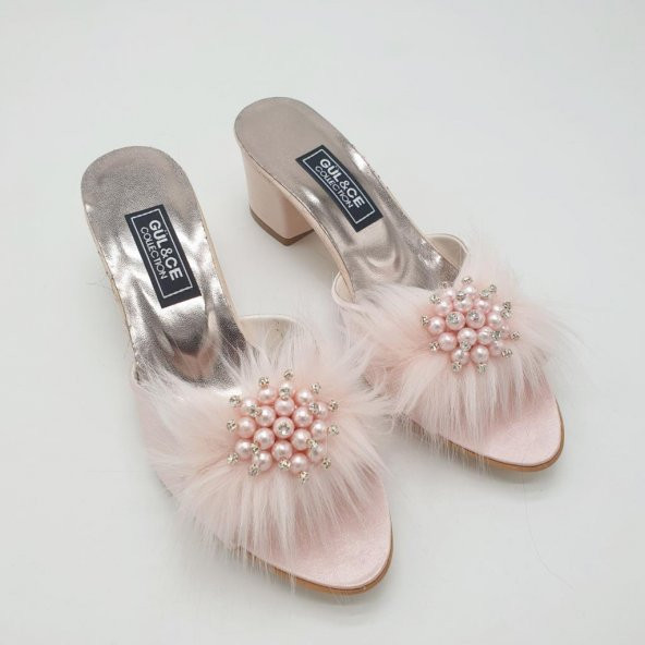 İnci Taşlı Topuklu Bayan Çeyiz Terliği Pudra Renk - 8