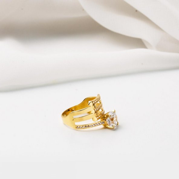 14 Ayar Altın Kaburgalı Tektaş Yüzük - Resim 4