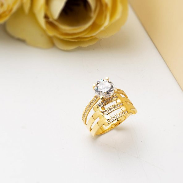 14 Ayar Altın Kaburgalı Tektaş Yüzük - Resim 5