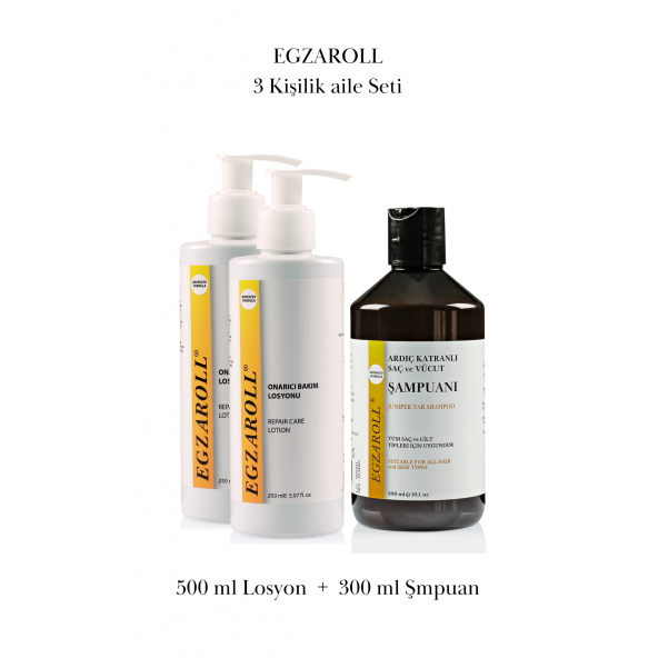 Egzaroll 3 Kişilik Aile Egzama Sedef ve Uyuz Cilt Bakım Onarıcı Losyon ve Şampuan Seti