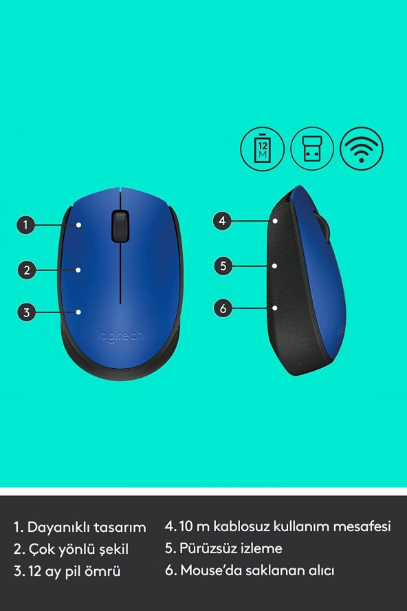 Logitech M171 Kablosuz Usb Alıcılı Optik Mouse Mavi - 7