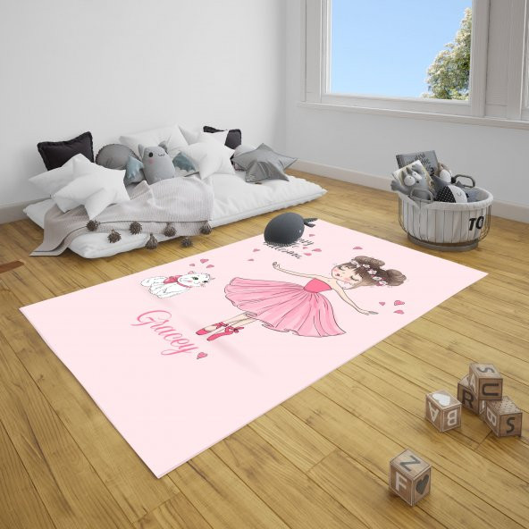 Belerin ve Kedi, Pembe, Kaymaz Deri Tabanlı, Anti Alerjik, Tay Tüyü, Çocuk Odası Halısı 