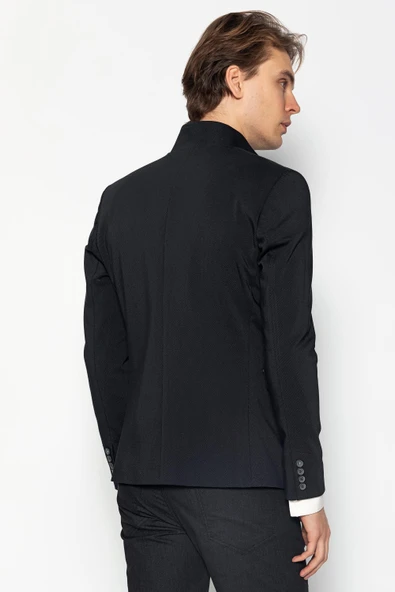 CEKMON Erkek Slim Fit Düğmeli Çok Cepli Deri Detaylı Astarlı Dik Yaka Klasik Ceket - 11