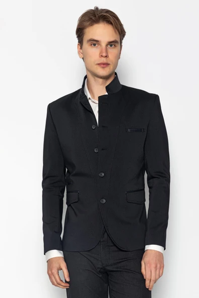 CEKMON Erkek Slim Fit Düğmeli Çok Cepli Deri Detaylı Astarlı Dik Yaka Klasik Ceket - 7