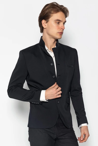 CEKMON Erkek Slim Fit Düğmeli Çok Cepli Deri Detaylı Astarlı Dik Yaka Klasik Ceket - 9