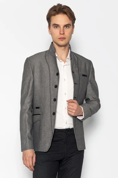 CEKMON Erkek Slim Fit Düğmeli Çok Cepli Deri Detaylı Astarlı Dik Yaka Klasik Ceket - 12