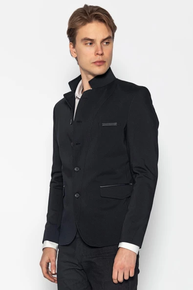 CEKMON Erkek Slim Fit Düğmeli Çok Cepli Deri Detaylı Astarlı Dik Yaka Klasik Ceket - 10