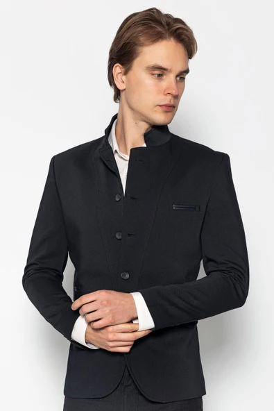 CEKMON Erkek Slim Fit Düğmeli Çok Cepli Deri Detaylı Astarlı Dik Yaka Klasik Ceket - 8