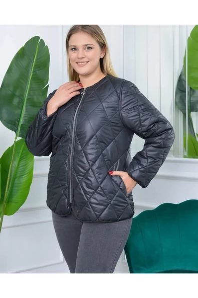 Modatalika Kadın Baklava Desenli Büyük Beden Kısa Mont - Resim 7