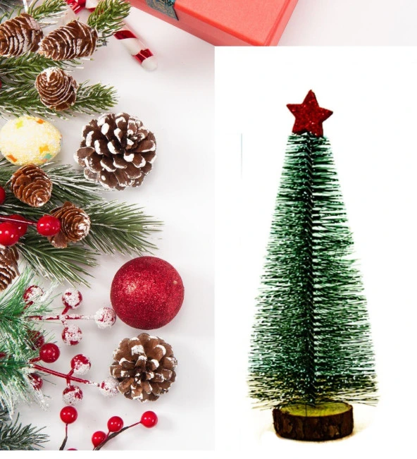 Yıldızlı Masa üstü Çam ağacı - 25 cm, Karlı  Kütük Üzeri Mini Çam Ağacı - 3