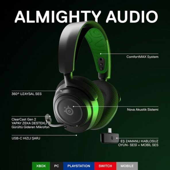Steelseries Arctis Nova 7x Kablosuz Xbox Konsol Kulaklığı - Nova Akustik Sistemi - 2,4 Ghz ve Eş Zamanlı Bluetooth - 38 Saat Pil Kullanımı - Usb-C - Clearcast Gen2 Mikrofon - Pc, Playstation, Switch - 2