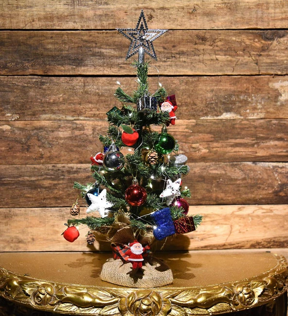 Yılbaşı Masaüstü Süslü Yeni Yıl Çam Ağacı 40 cm, Kütüklü Jütlü- 28 Parça Süs SET
