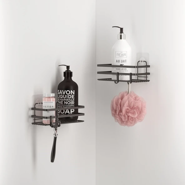 TEKNOTEL YAPIŞKANLI KANCALI 2 ADET BANYO RAFI MAT SİYAH ST281H - 2