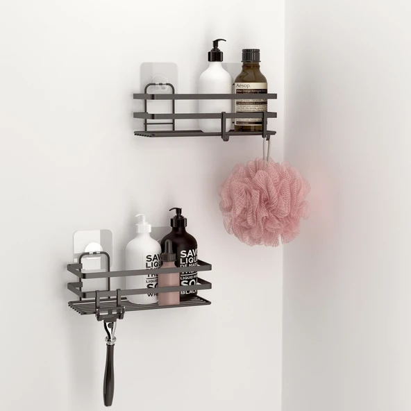 TEKNOTEL YAPIŞKANLI KANCALI 2 ADET BANYO RAFI MAT SİYAH ST281H