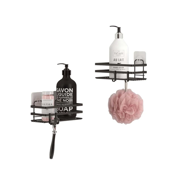 TEKNOTEL YAPIŞKANLI KANCALI 2 ADET BANYO RAFI MAT SİYAH ST281H - 4