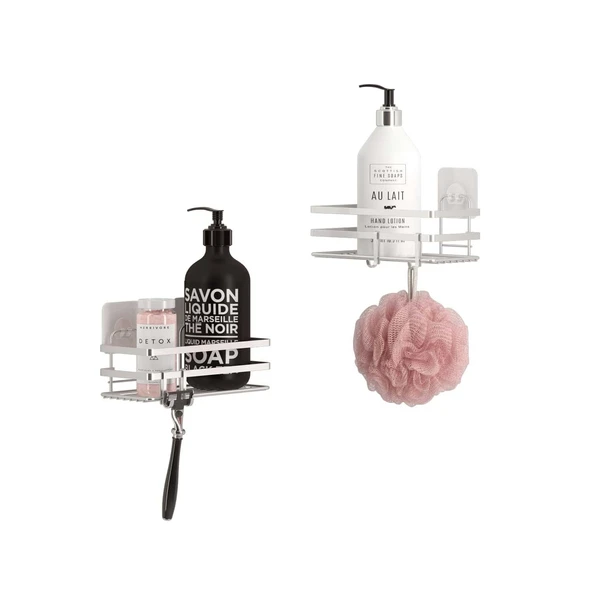 TEKNOTEL YAPIŞKANLI KANCALI 2 ADET BANYO RAFI SİLVER ST281H - 4