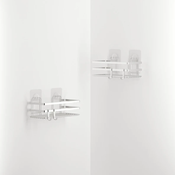 TEKNOTEL YAPIŞKANLI KANCALI 2 ADET BANYO RAFI SİLVER ST281H - 3