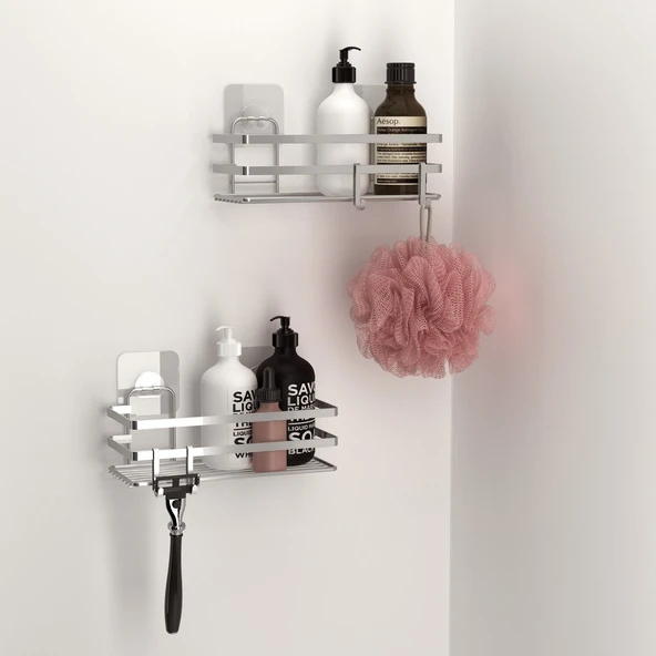 TEKNOTEL YAPIŞKANLI KANCALI 2 ADET BANYO RAFI SİLVER ST281H
