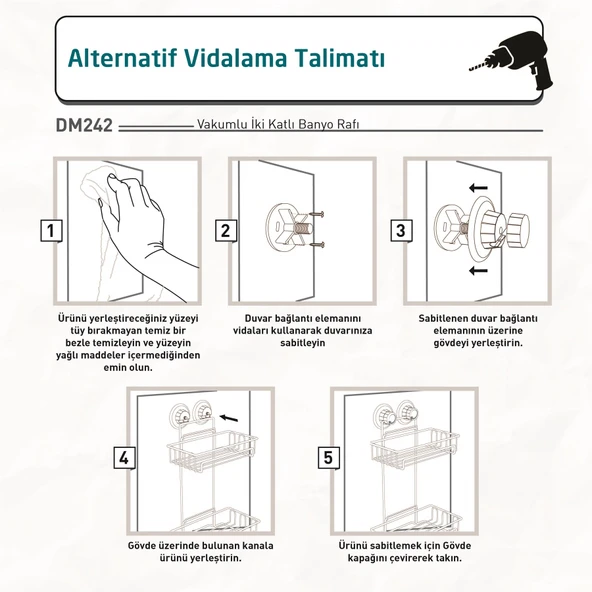 TEKNOTEL DELME VİDA MATKAP YOK! VAKUMLU İKİ KATLI BANYO RAFI MAT SİYAH DM242 - 5