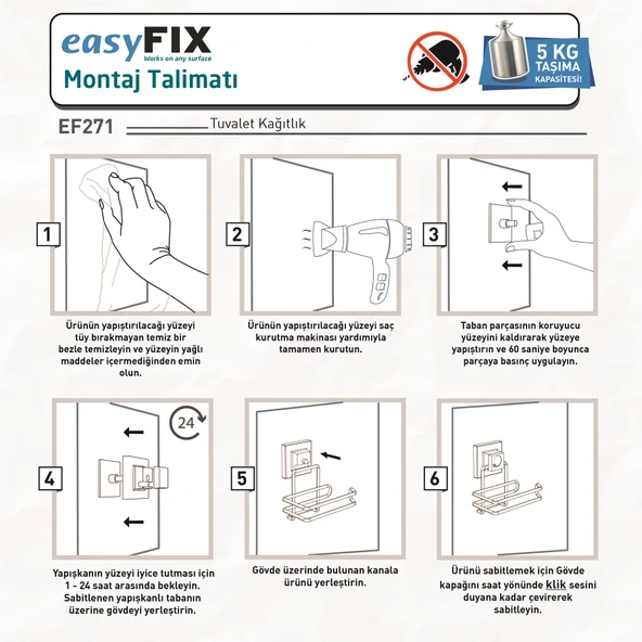 TEKNOTEL DELME VİDA MATKAP YOK! easyFIX YAPIŞKANLI TUVALET KAĞITLIK MAT SİYAH EF271 - 4
