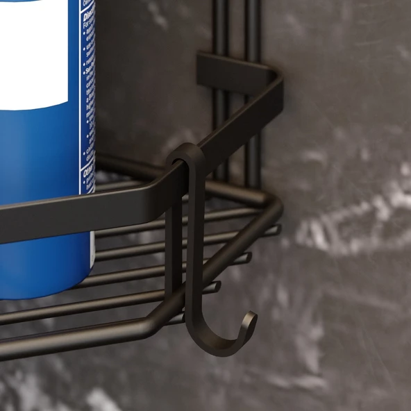 TEKNOTEL ÜÇ KATLI KANCALI BANYO KÖŞE RAFI MAT SİYAH  ES076H - 2