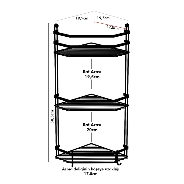 TEKNOTEL ÜÇ KATLI KANCALI BANYO KÖŞE RAFI MAT SİYAH  ES076H - 5