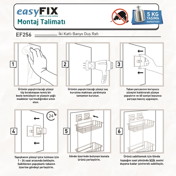 TEKNOTEL DELME VİDA MATKAP YOK! easyFIX YAPIŞKANLI İKİ KATLI BANYO RAFI MAT SİYAH EF256 - 4