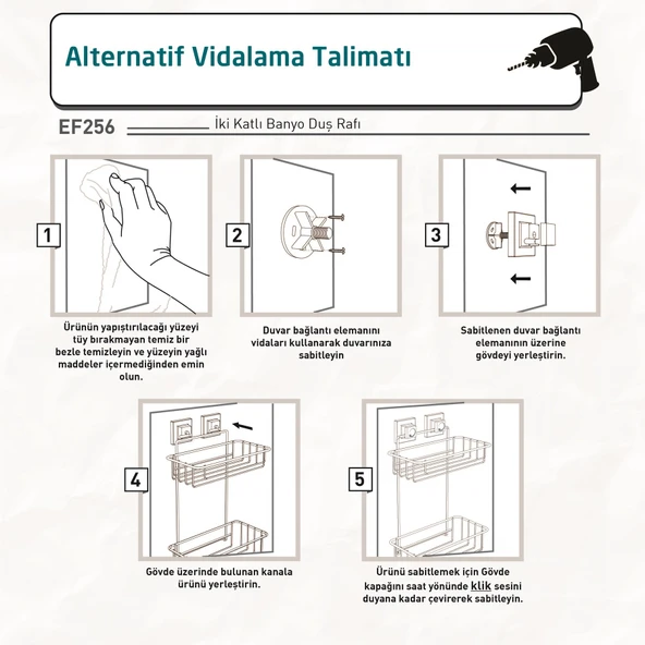 TEKNOTEL DELME VİDA MATKAP YOK! easyFIX YAPIŞKANLI İKİ KATLI BANYO RAFI MAT SİYAH EF256 - 5