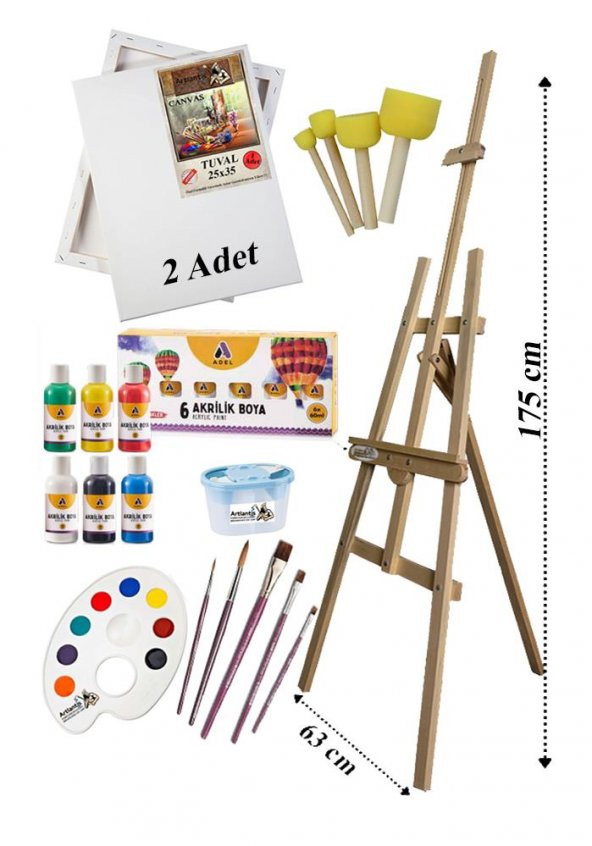 Akrilik Boya Resim Başlangıç Seti Adel 6 Ana Renk Akrilik Boya Şövalye 2 Tuval 25x35 Fırça Spatula Şövale