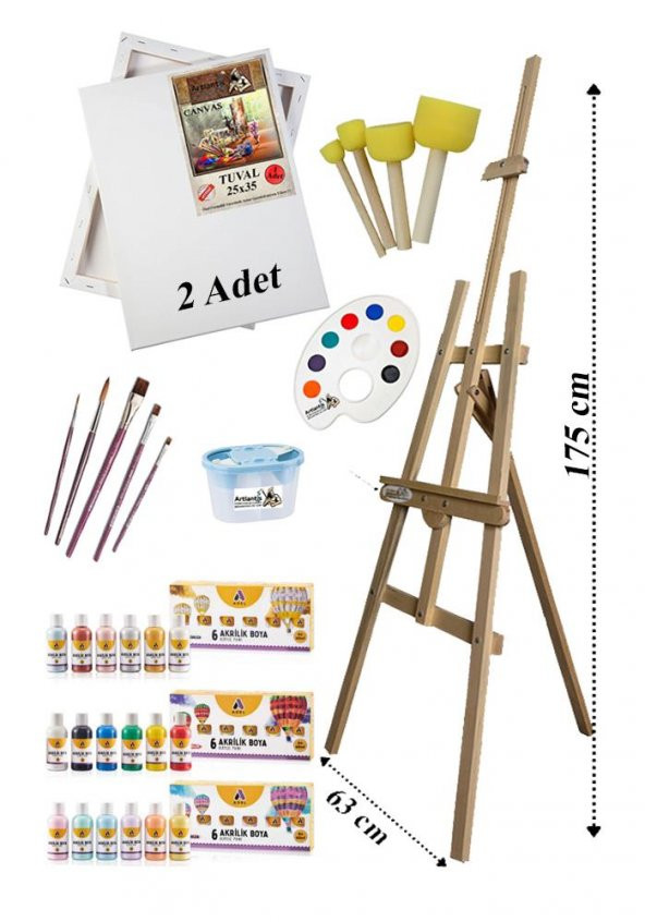 Akrilik Boya Resim Seti Adel 18 Renk Akrilik Boya Şövalye 2 Tuval 25x35 Fırça Spatula Palet Şövale